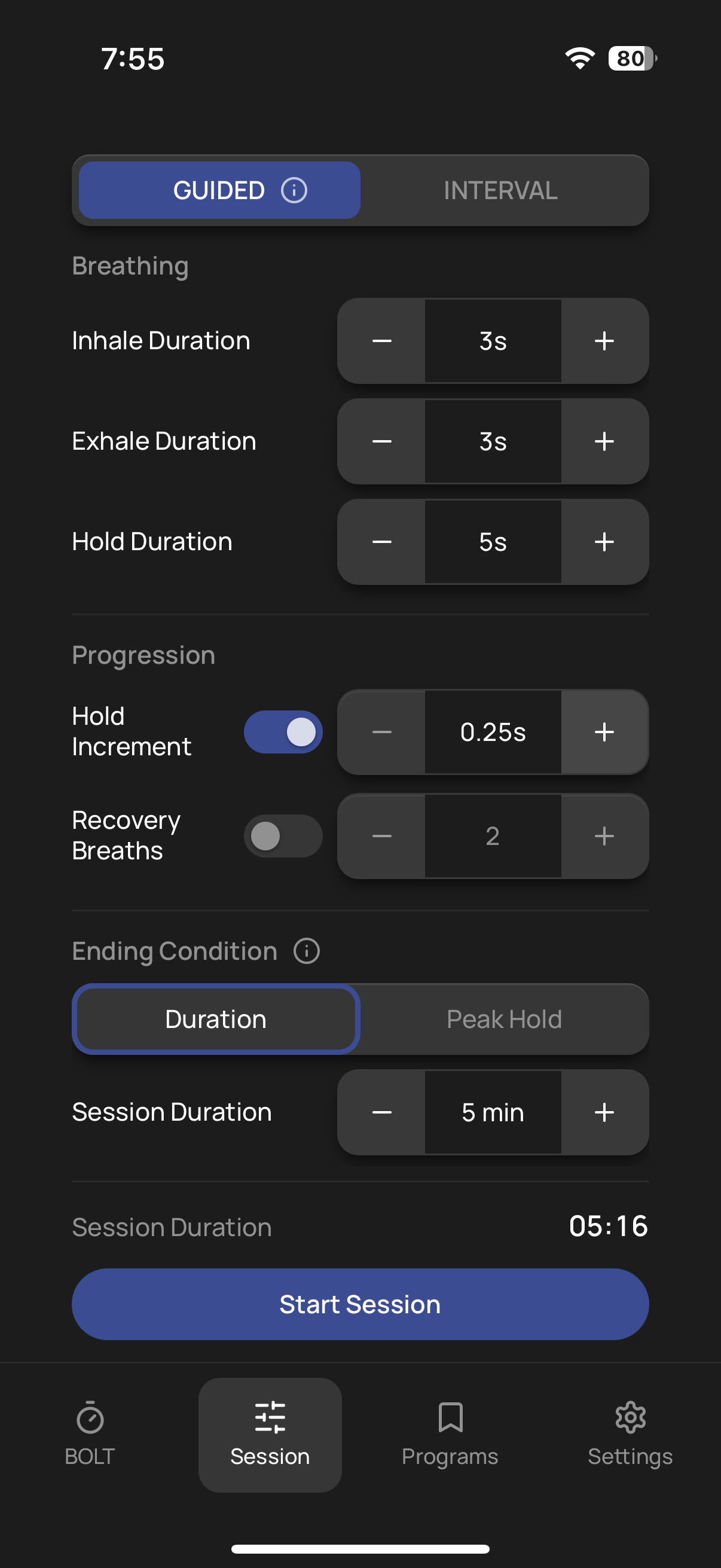 ParaBOLT GUIDED session configuration screen